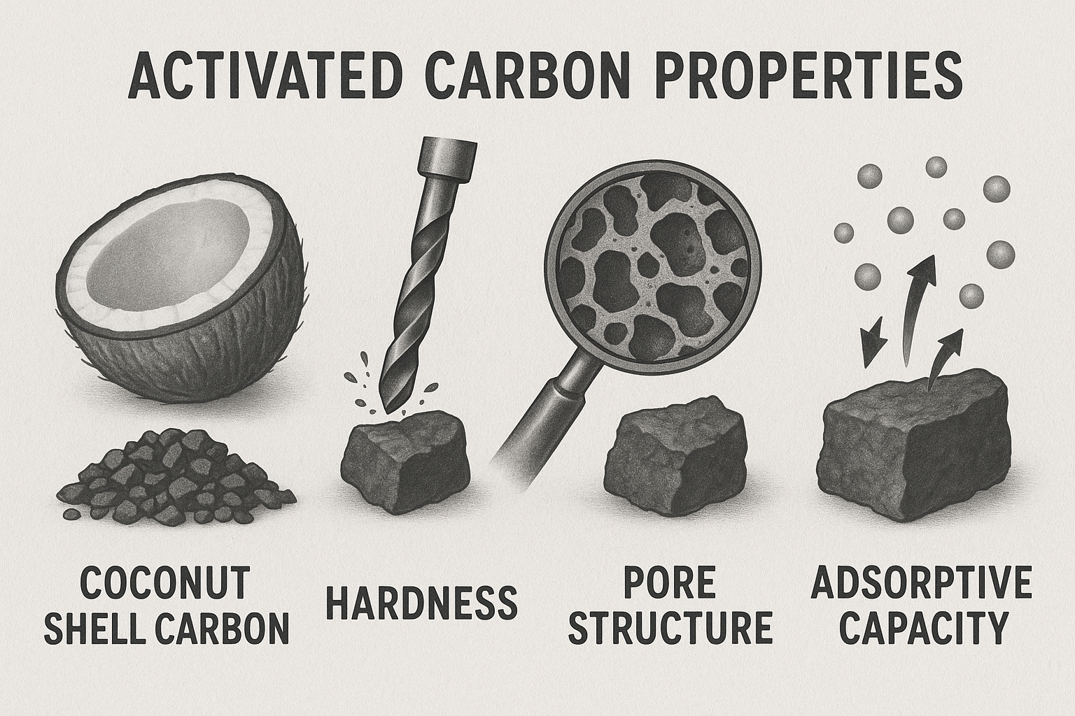 Chart comparing activated carbon properties from different raw materials such as coconut shell, coal, and wood, focusing on hardness, pore structure, and suitability for gold recovery.